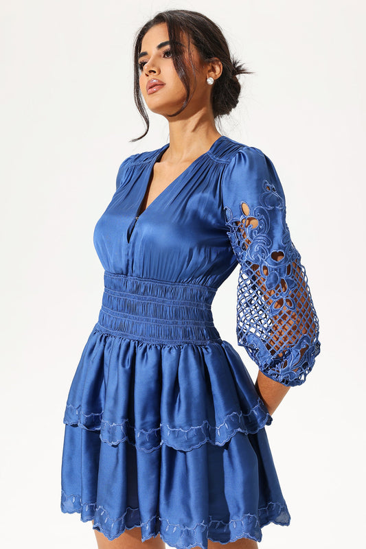 Lantern Sleeve V-Neck Cut-Out Mini Dress Blue