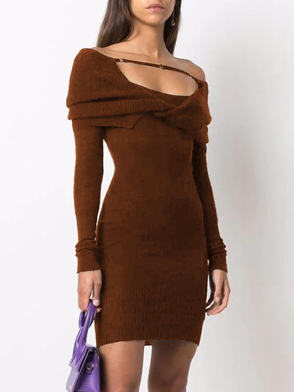 White Bodycon Dress Foldover Long Sleeves Twisted-Front Pencil Mini Dresses