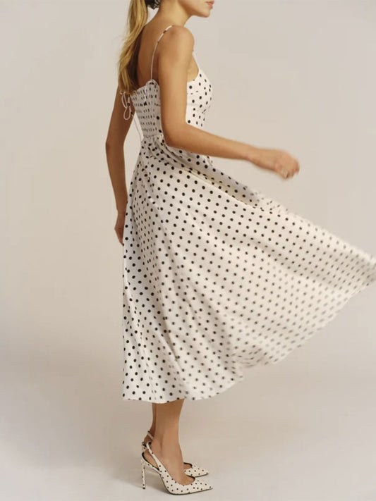 Summer Midi Dress White Straps Neck Pleated Polka Dot Beach Dress