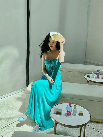 Teal Strapless Corset Maxi Dress – Sophisticated & Slimming Vacation Look