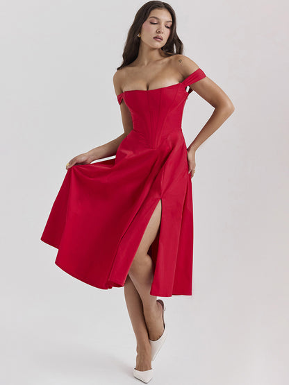 Corset Dress Floral Wide Strap Backless Lace Up Slit Sexy Party Midi Dresses