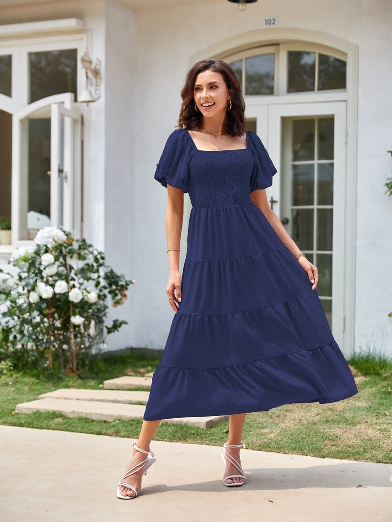 Square Neck, Backless, Puff Sleeve, Pleated Short-sleeved Long Dress