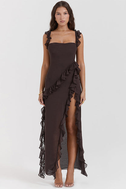 Square Neck Ruffle Strap Tiered Ruffle High Slit Maxi Dress