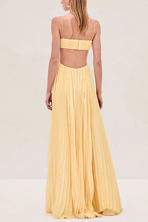 Margovil Spaghetti Strap Back Cut Out Pleated Maxi Dress