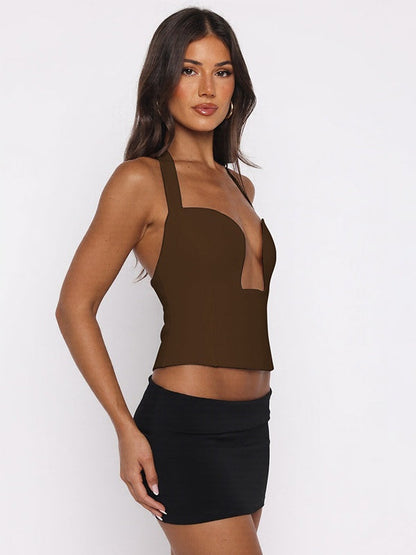 Hollow-out Bralette With Underwire, Tight-fitting Solid Color Halter Neck Double-layer Vest