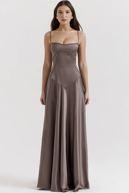 Satin Corset Bustier Spaghetti Strap Basque Waist A-Line Maxi Gown