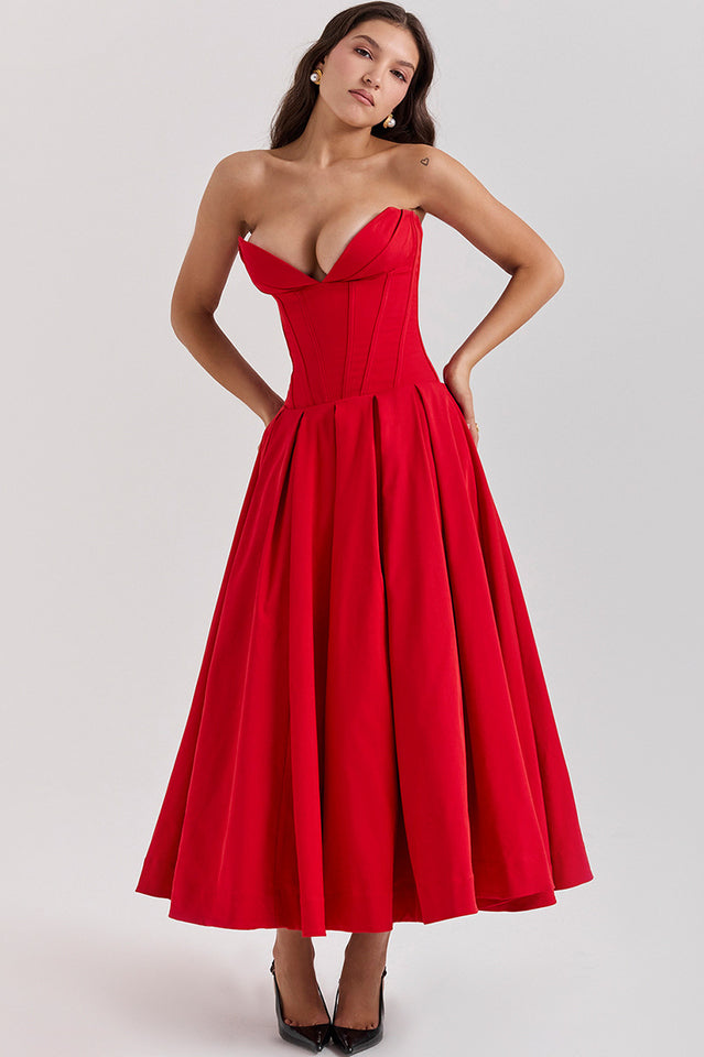 Strapless Deep Plunge Corset Boned Pleated A-Line Midi Dress