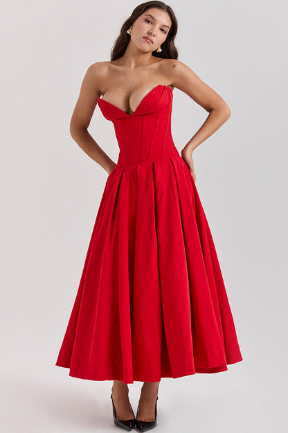 Strapless Deep Plunge Corset Boned Pleated A-Line Midi Dress