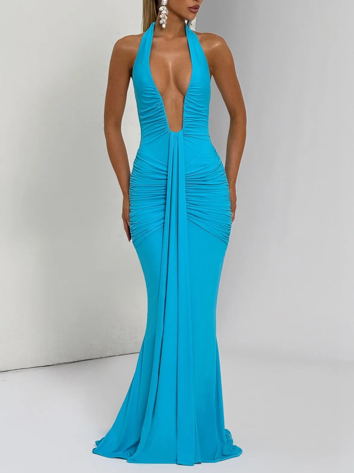 Halter Neck Deep V-neck Fitted Waist Long Dress Sexy Backless Ribbon Fishtail Long Dress