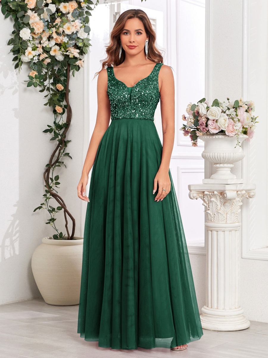 V-neck Embroidery Sequins Elegant Gauze Formal Dress Maxi Dresses
