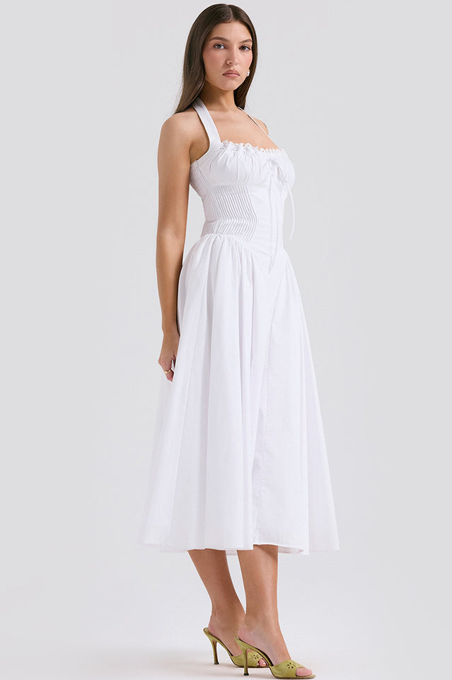 Halter Sweetheart Neck Lace Trim Ditsy Floral Corset Bodice Midi Dress