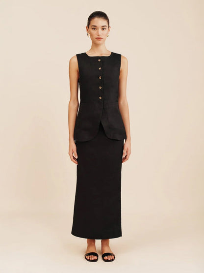 Flax High-waisted Sleeveless Vest Skirts Set 2-piece Sets