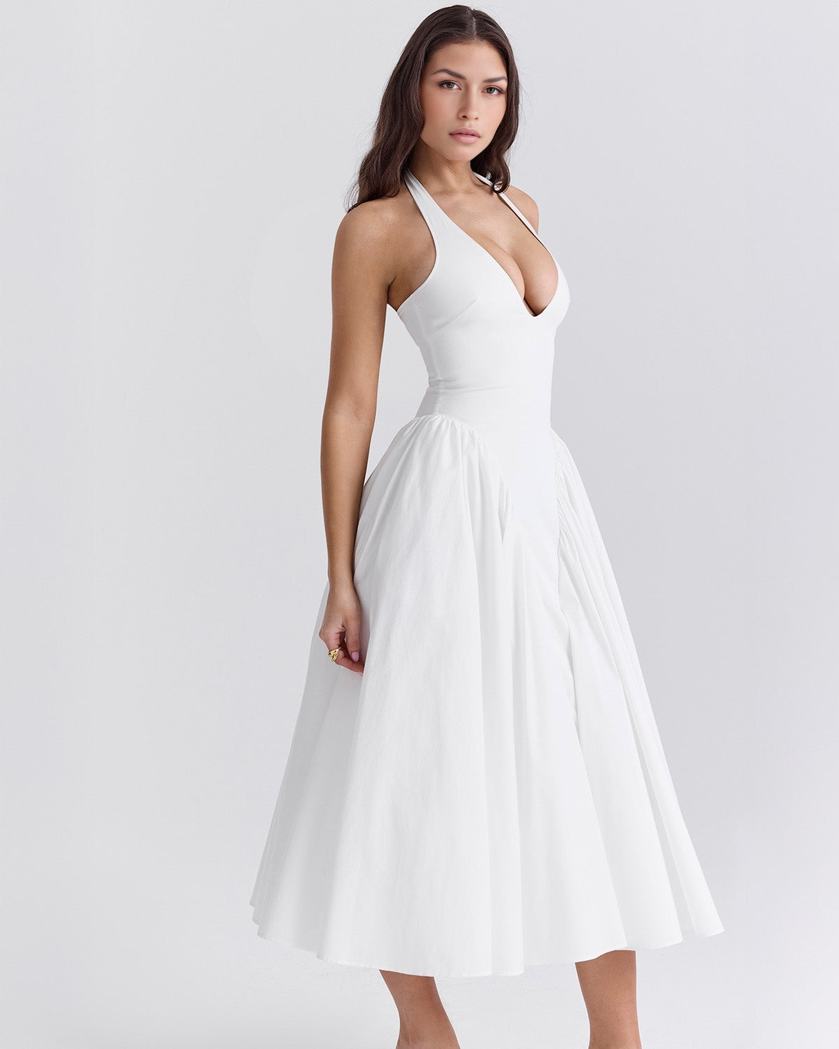 Halter Neck Plunging V Neck Dropped Waist Pleated Full Skirt Midi Dress