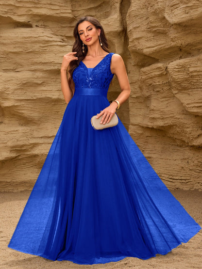V-neck Embroidery Sequins Elegant Gauze Formal Dress Maxi Dresses