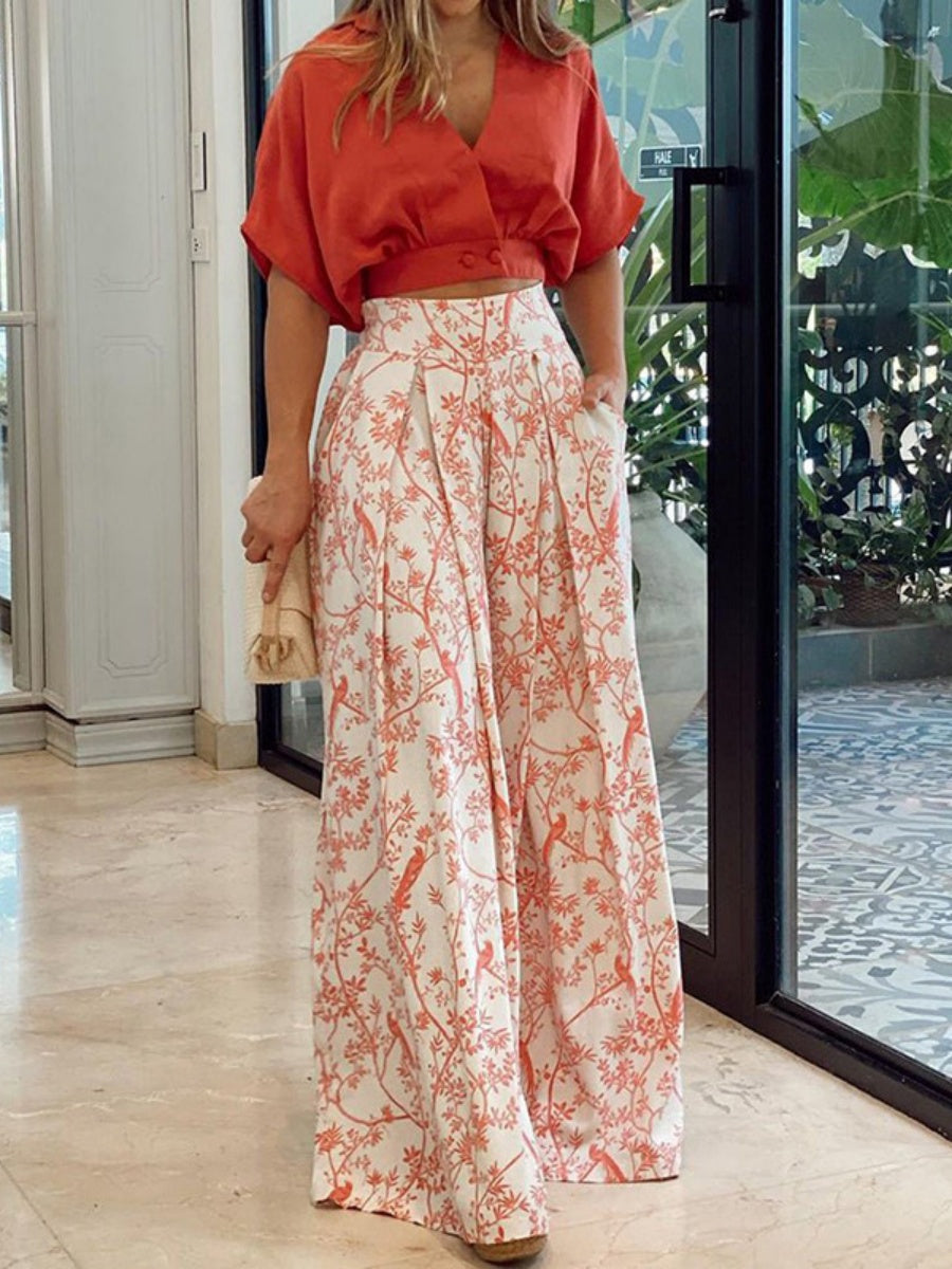 Plant-based Printing Loose Top Wide-leg Pants Set 2-piece Sets