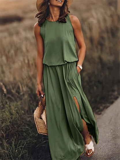 Sleeveless Crew Neck Tiered High Split Side Pocket Maxi Dress