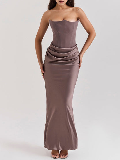 Satin Belted Strapless Off-the-shoulder Fishbone Pleated Long Bodycon Dress