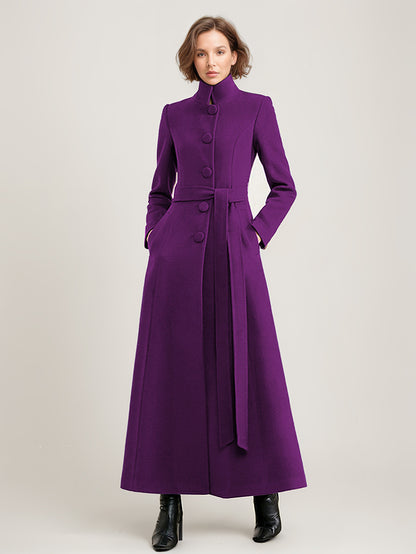 Wool Blend Long Coat Black Belted Stand Collar Winter Full Length Outerwear For Women 2026