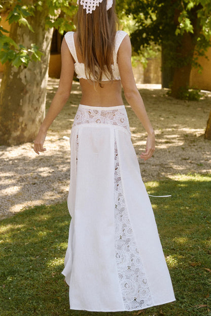 Solid Color Pleated Tie-front Top and Elegant Patchwork Lace Openwork Maxi Skirt Set