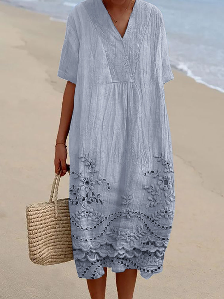 Eyelet Floral Embroidery V-Neck Short Sleeve Scalloped Hem Midi Dress