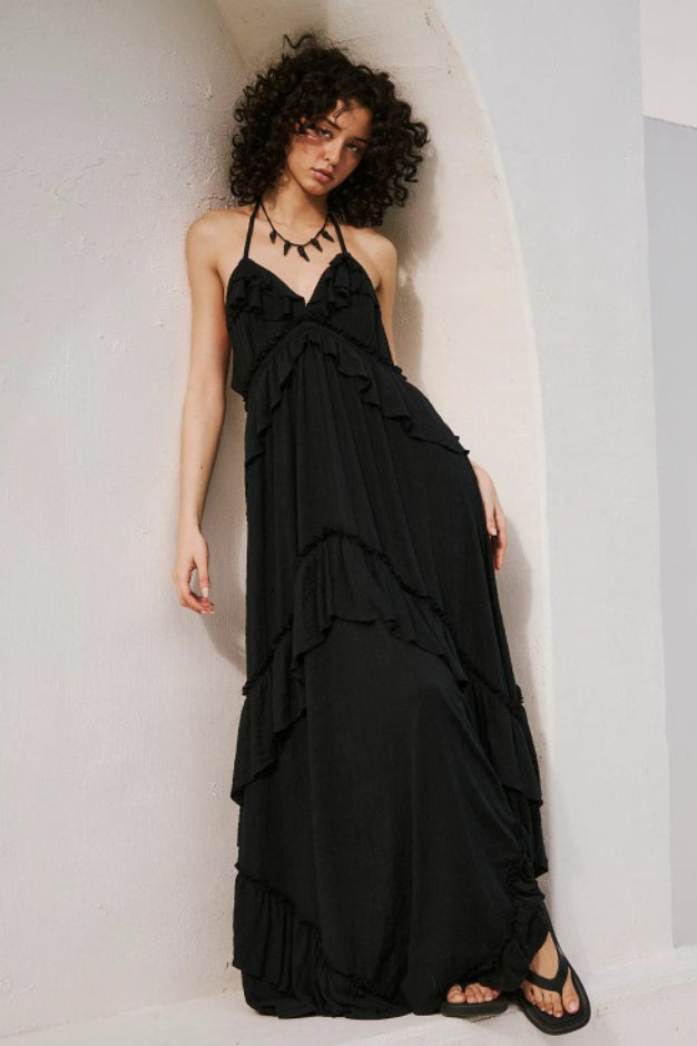 Backless Halter Tie Crop Top Tiered Ruffle Maxi Skirt Set