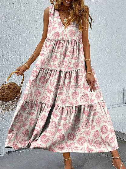 Abstract Floral Print Tiered V-Neck Sleeveless Maxi Dress
