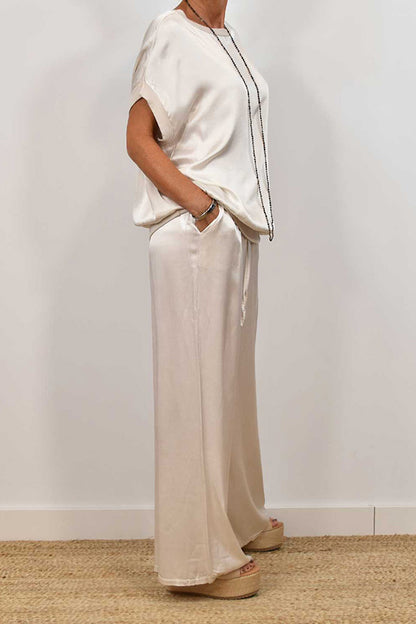 Satin Solid Color Loose Short-sleeved Top and Elastic Waist Lace-up Pocket Wide-leg Pants Set