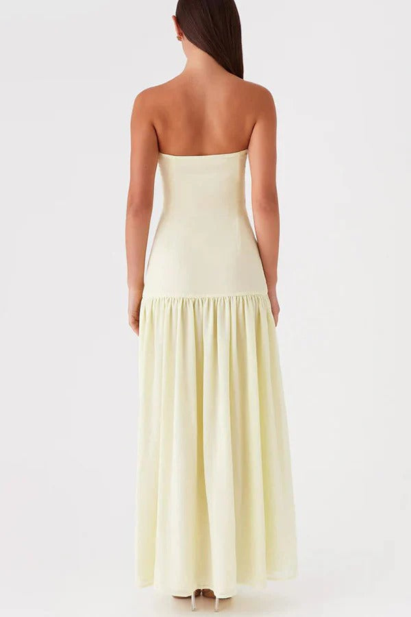 Strapless Bandeau Drop-Waist Gathered Chiffon High-Slit Maxi Gown