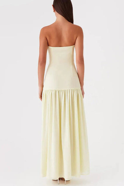Strapless Bandeau Drop-Waist Gathered Chiffon High-Slit Maxi Gown