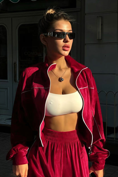 | Velvet Collar Zipper Long Sleeve Two Piece Set