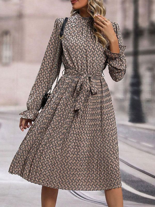 Allover Printed Dress Long Sleeves Ruffles Trim Day Midi Dresses