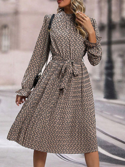 Allover Printed Dress Long Sleeves Ruffles Trim Day Midi Dresses