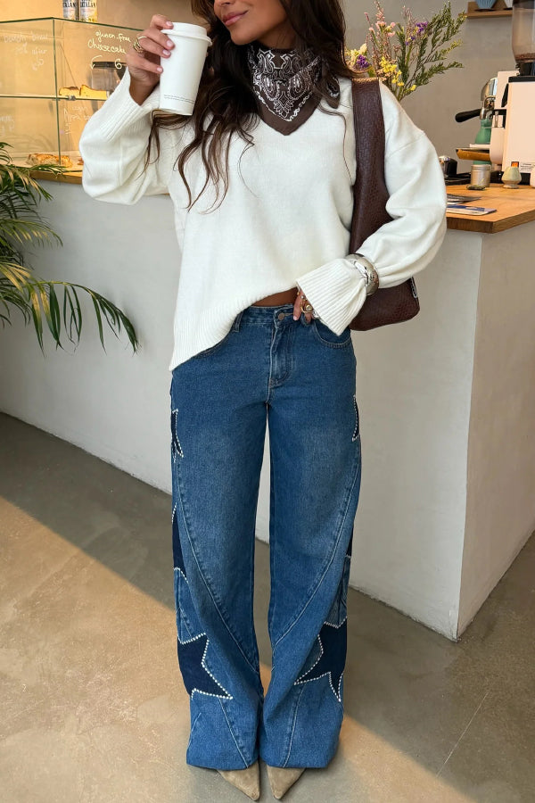 Jessy Denim Mid Rise Side Star Pattern Pocket Wide Leg Jeans