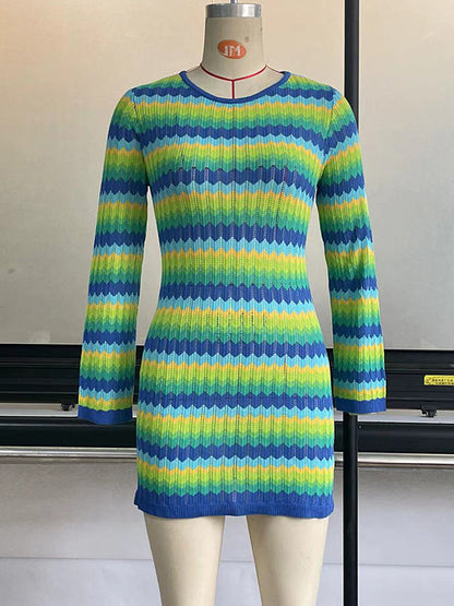 Long Sleeves Skinny Backless Contrast Color Tied Round-Neck Mini Dresses Sweater Dresses