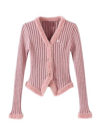 Solid V Neck Fuzzy Trim Slim Ribbed Knit Cardigan