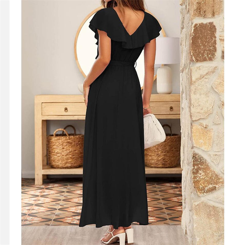 V-Neck Ruffle Short Sleeve Maxi Dress in Multiple Colors