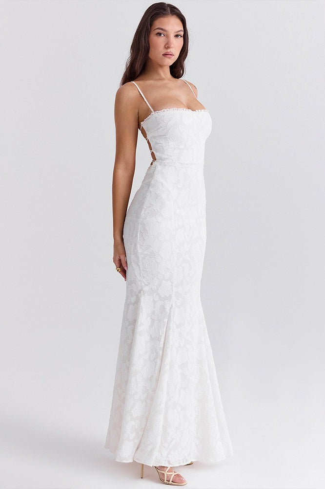 Floral Jacquard Spaghetti Strap Mermaid Formal Gown