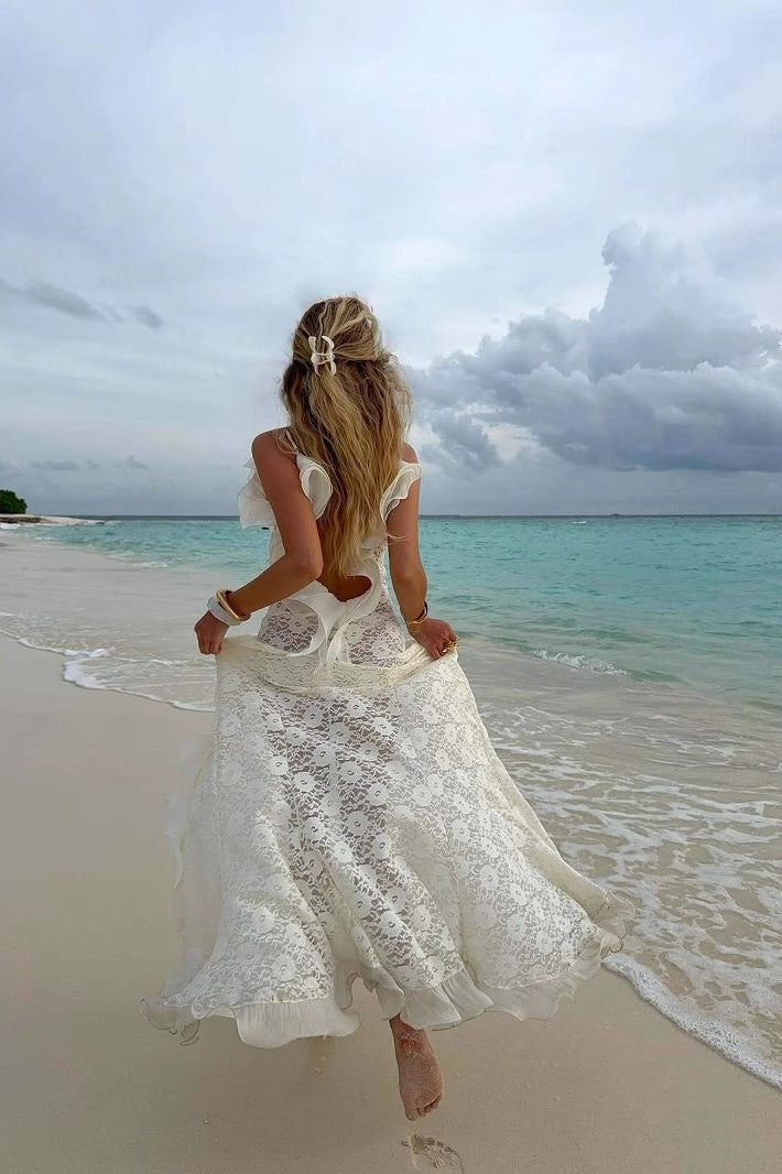 Sexy Lace Split V Neck Backless Ruffled Boho Dress