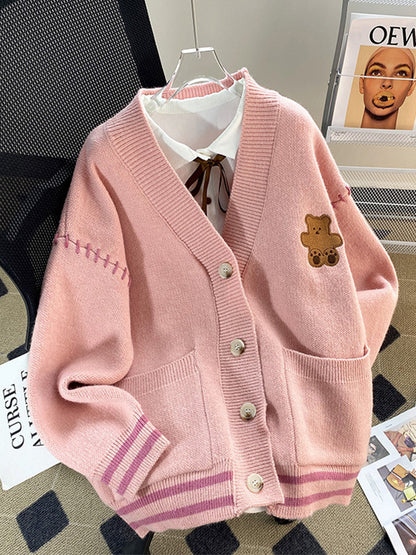 Preppy Bear Embroidery Seam Detail V Neck Knit Cardigan