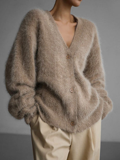 Fuzzy V Neck Loose Cardigan Sweater