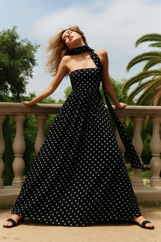 Polka Dot Strapless Ruched Waist Side Pocket A-Line Maxi Dress