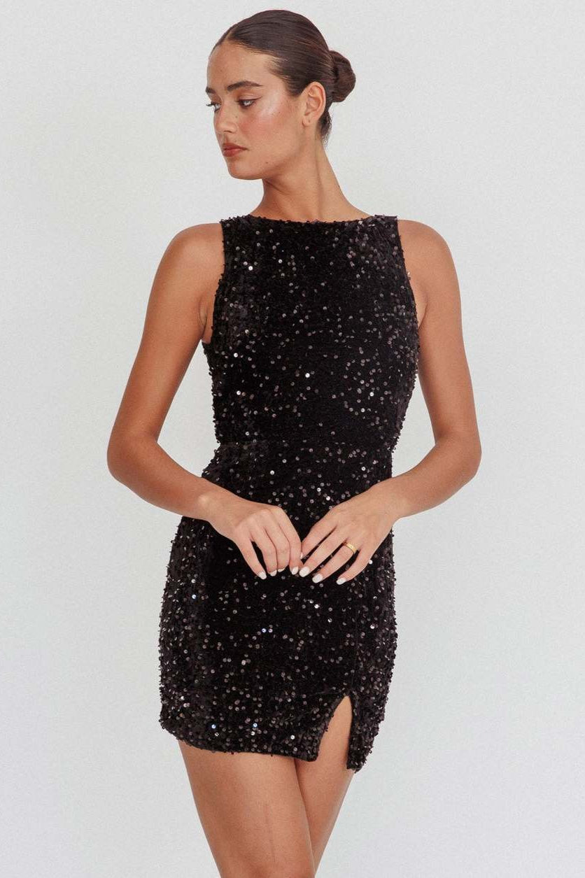 Boat Neck Sleeveless Sequin Side Slit Bodycon Mini Dress