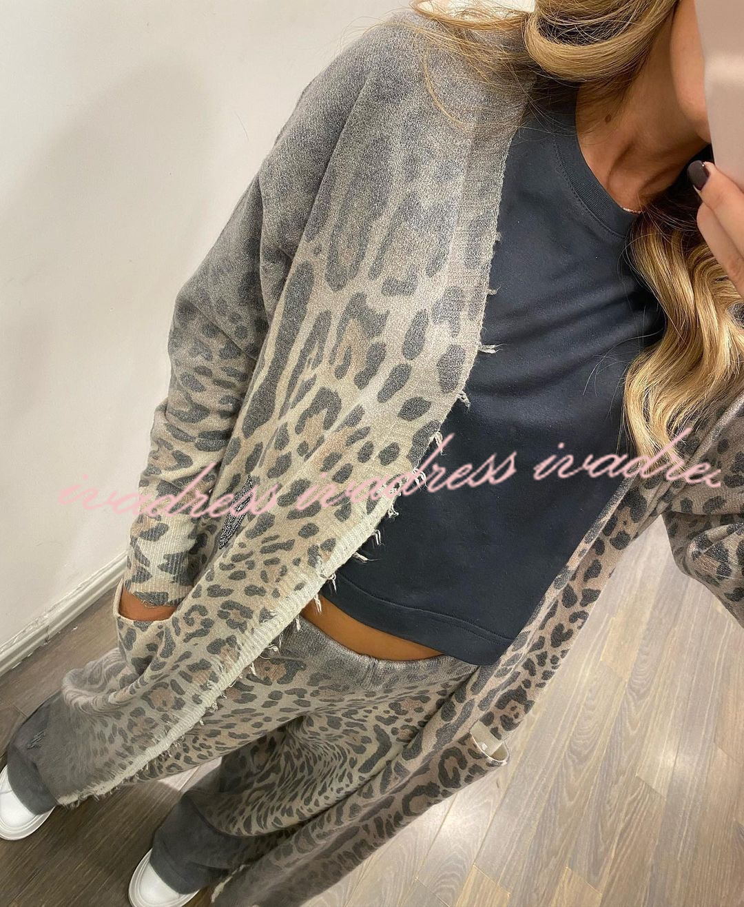 Comfort first Leopard Print Pocket Long Sleeve Cardigan Elastic Waist Pants Set
