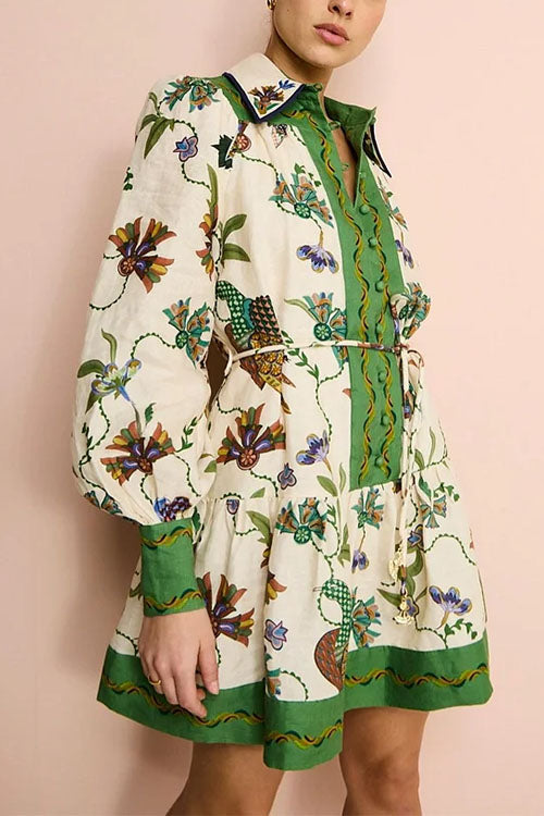 Long Lantern Sleeves Button Up Unique Print Mini Dress