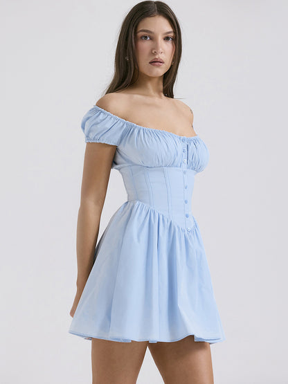 Short Dress Pleated Square Neck Puff Sleeves Graduation Party Mini Dresses