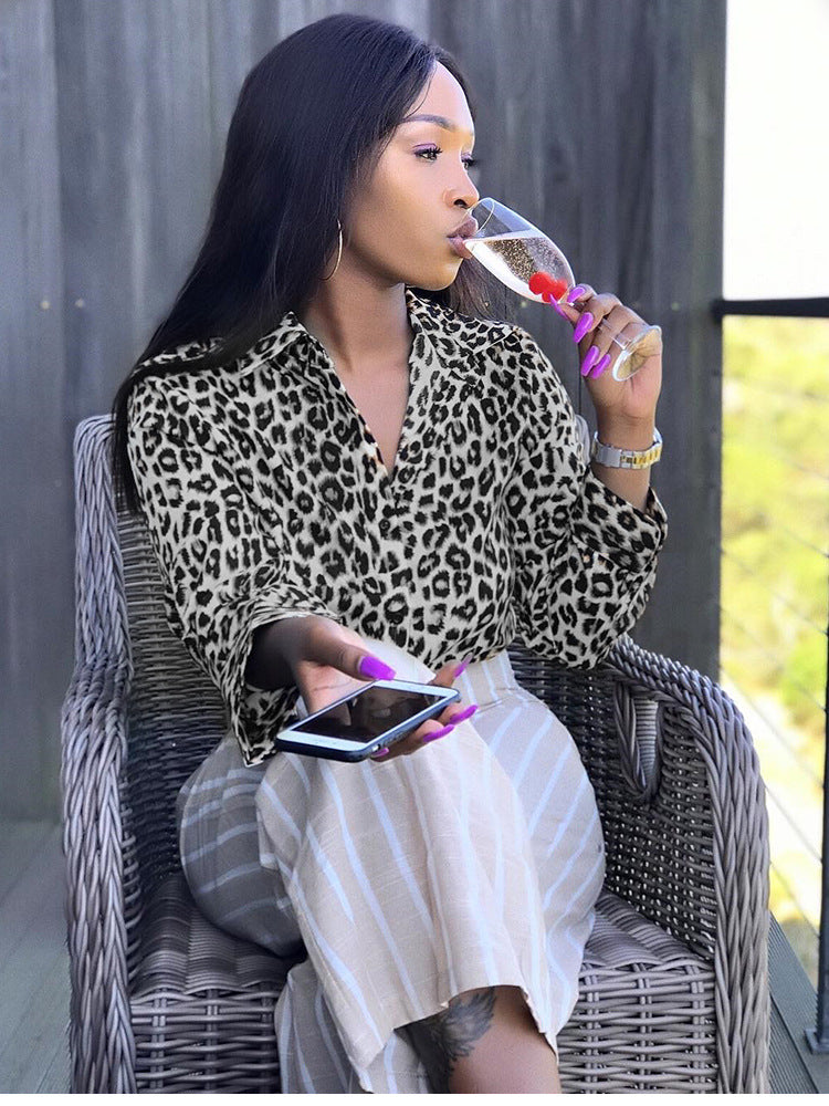 Women's Leopard Print Button-Up Blouse – Long Sleeve Stylish Top