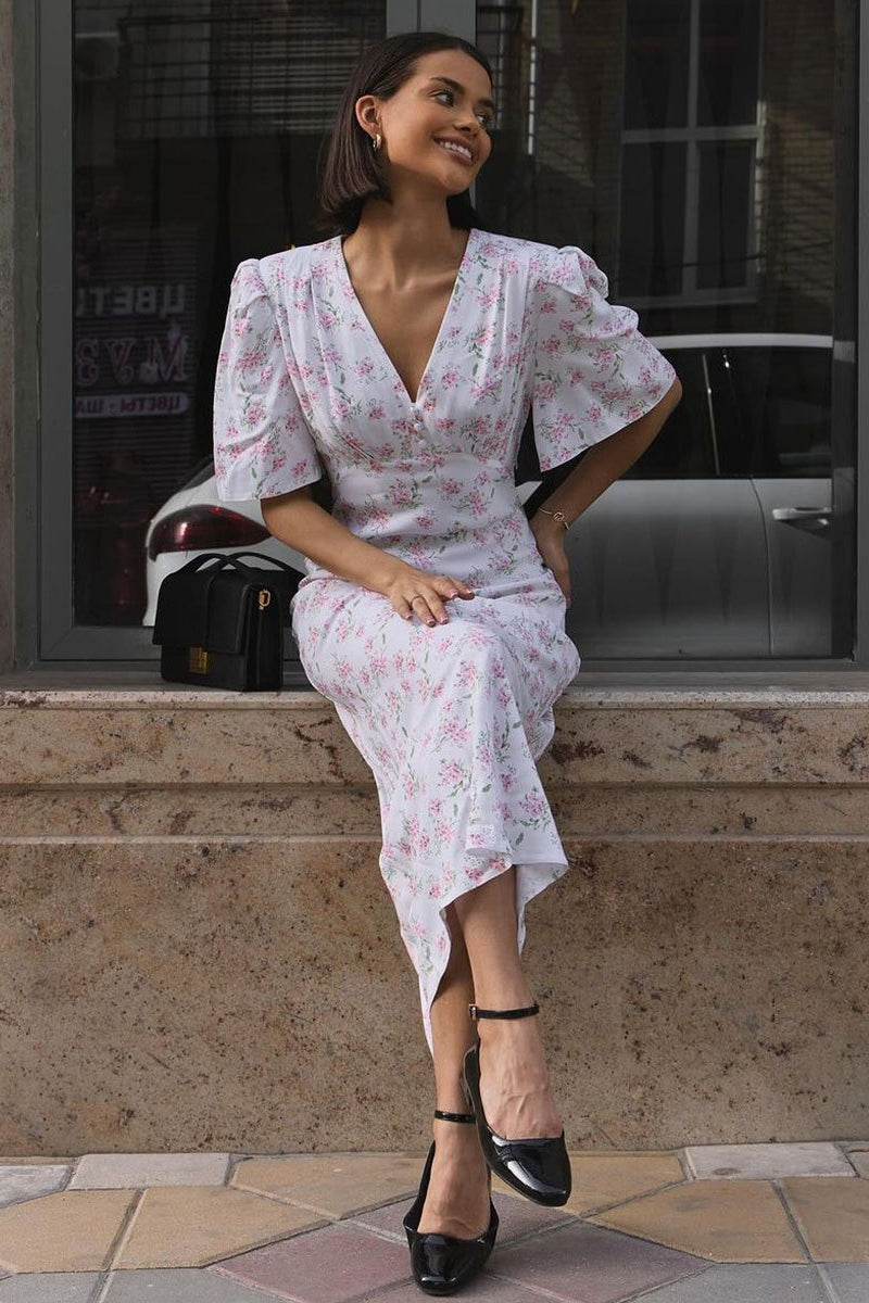 Ditsy Floral Deep V Button Placket Butterfly Sleeve Empire Waist Maxi Dress