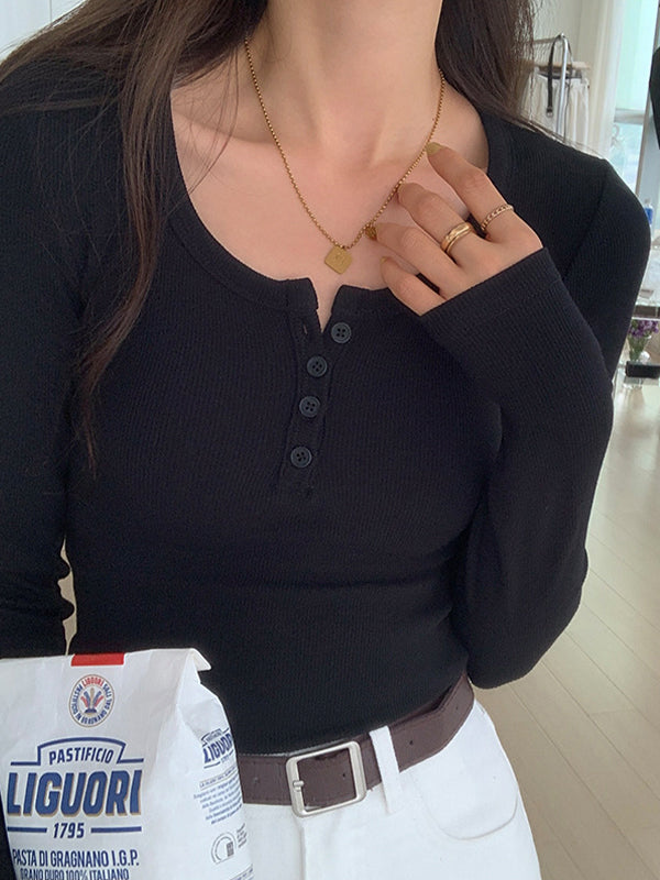 Solid Color Rib High Elastic Breasted Long Sleeve Knit