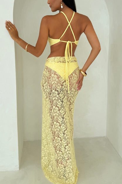 Solid Color Halter Neck Tie Stretch Two-piece Bikini Swimsuit and Sheer Lace Holiday Maxi Skirt Set
