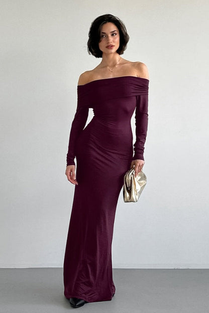 | Solid Off-the-shoulder Bodycon Maxi Dress